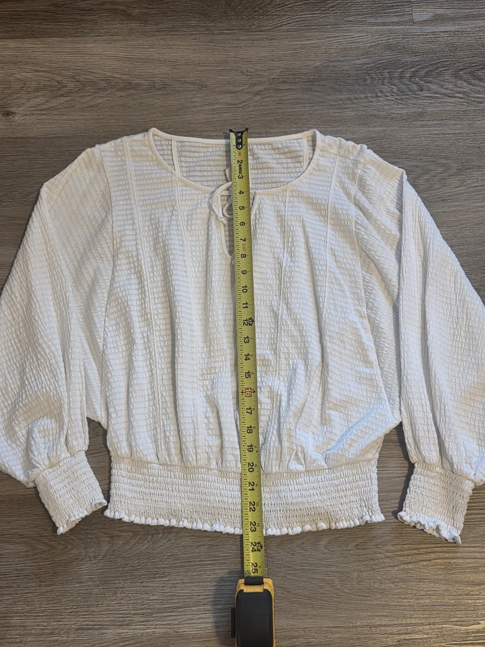 Anthropologie Cream Textured Tie-Neck Smocked-Waist Blouse